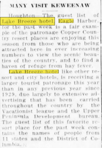 Lake Breeze Hotel - Aug 03 1935 Article